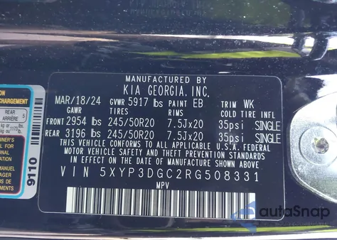 2024 Kia Telluride Ex из США, поврежденный, VIN 5XYP3DGC2RG508331